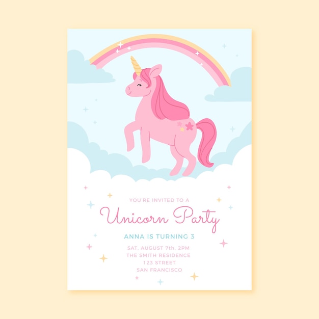 Plantilla de invitación de cumpleaños de unicornio dibujado a mano