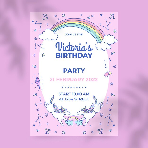Plantilla de invitación de cumpleaños de unicornio dibujado a mano