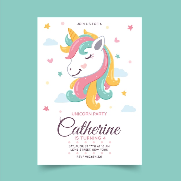 Plantilla de invitación de cumpleaños de unicornio dibujado a mano