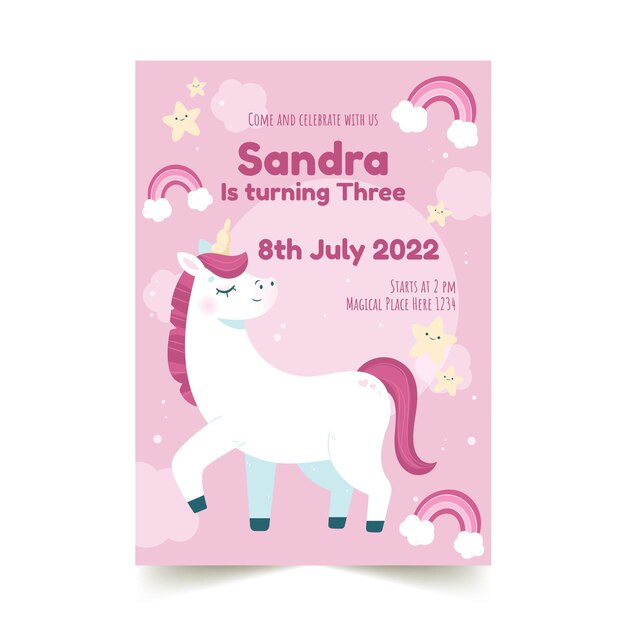 Plantilla de invitación de cumpleaños de unicornio dibujado a mano