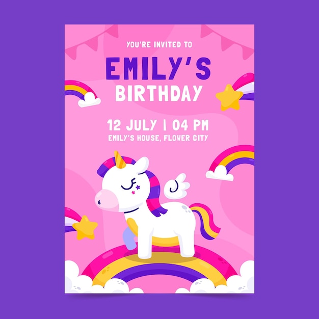 Plantilla de invitación de cumpleaños de unicornio dibujado a mano