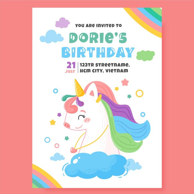 Plantilla de invitación de cumpleaños de unicornio dibujado a mano