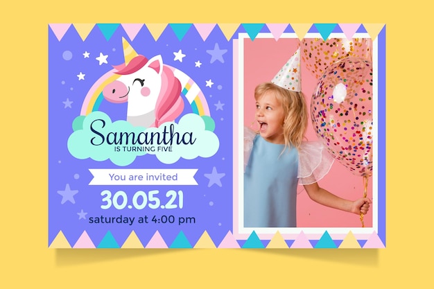 Vector gratuito plantilla de invitación de cumpleaños de unicornio de dibujos animados