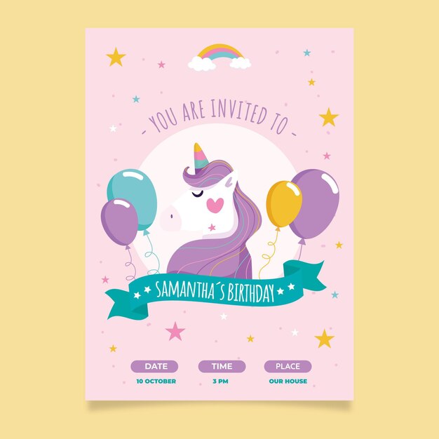 Plantilla de invitación de cumpleaños de unicornio plano