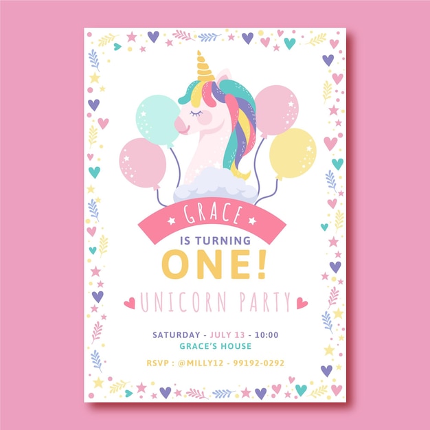 Vector gratuito plantilla de invitación de cumpleaños de unicornio plano