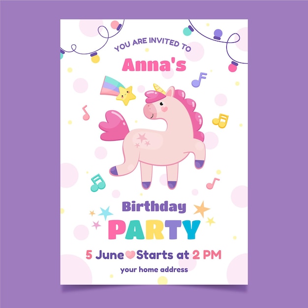 Plantilla de invitación de cumpleaños de unicornio plano