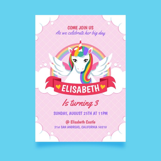 Plantilla de invitación de cumpleaños de unicornio plano