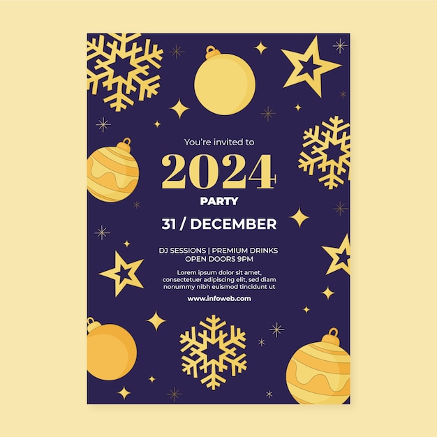 Plantilla de invitación dibujada a mano para la celebración del año nuevo 2024