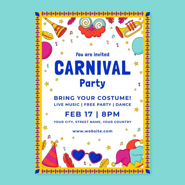 Plantilla de invitación dibujada a mano para celebración de carnaval