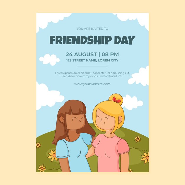 Plantilla de invitación dibujada a mano para la celebración del día de la amistad