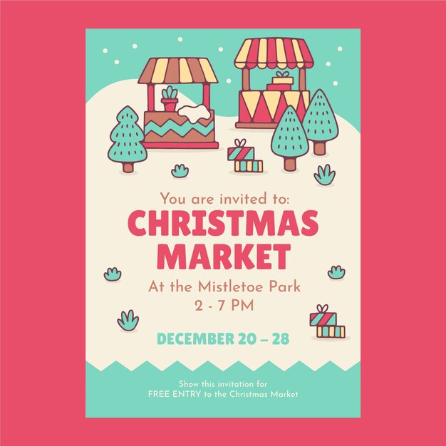 Plantilla de invitación dibujada a mano para mercado navideño.