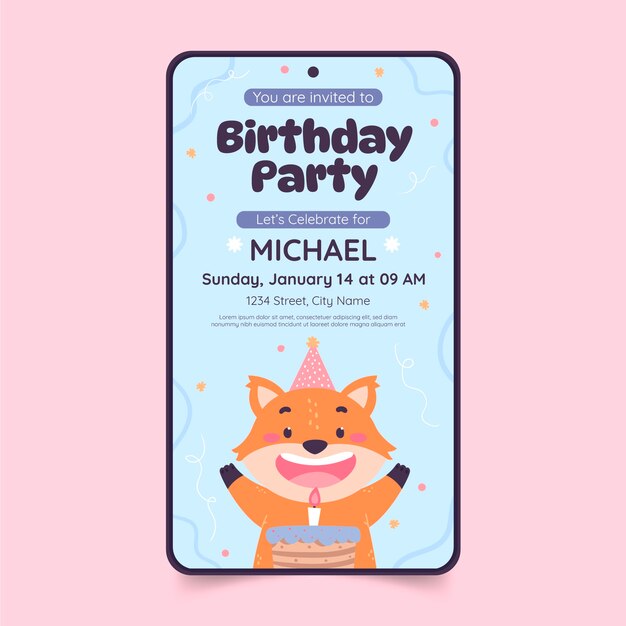 Plantilla de invitación digital de cumpleaños dibujada a mano