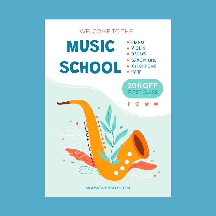 Vector gratuito plantilla de invitación de escuela de música dibujada a mano