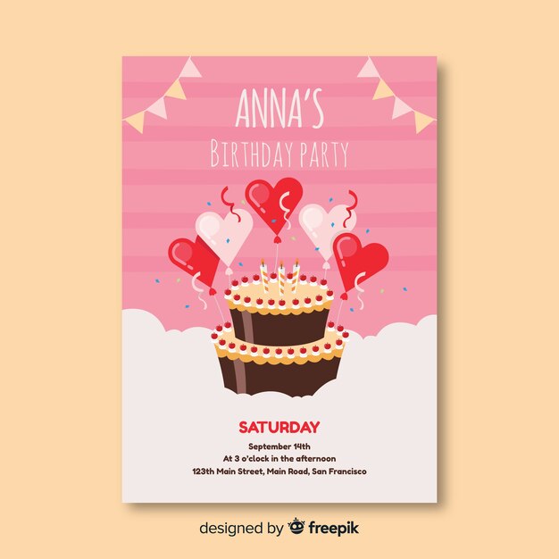 Plantilla de invitación de feliz cumpleaños en estilo plano