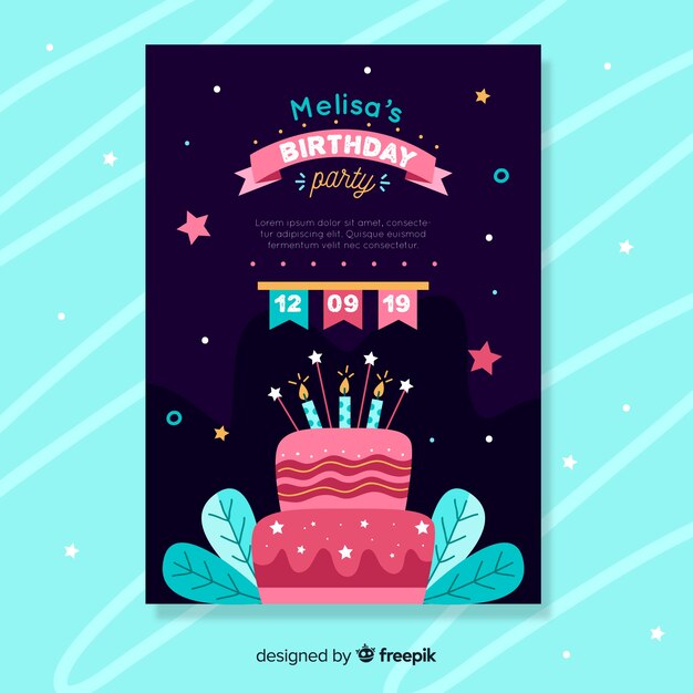 Plantilla de invitación de feliz cumpleaños en estilo plano