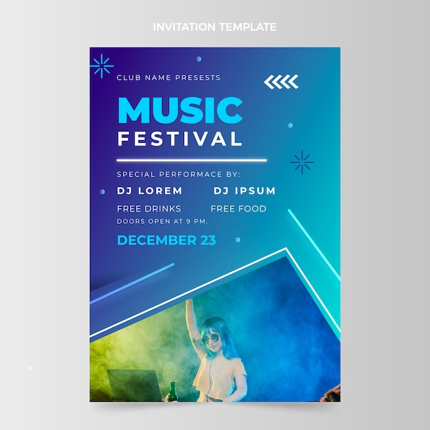 Vector gratuito plantilla de invitación de festival de música colorido degradado