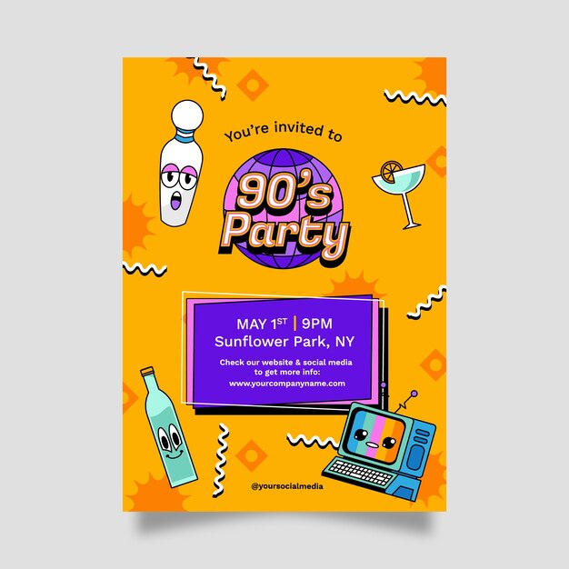 Plantilla de invitación de fiesta de los 90 de dibujos animados dibujados a mano