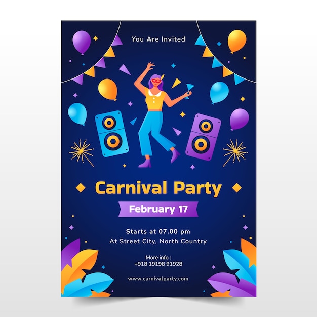 Vector gratuito plantilla de invitación de fiesta de carnaval degradado