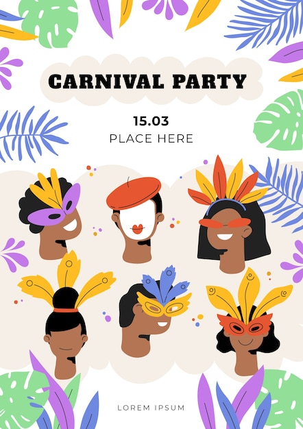 Plantilla de invitación de fiesta de carnaval plana