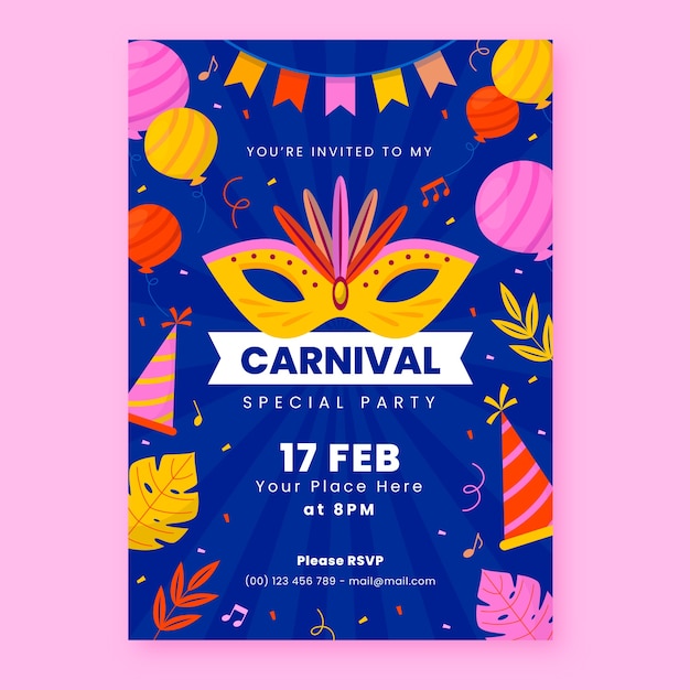 Vector gratuito plantilla de invitación de fiesta de carnaval plana
