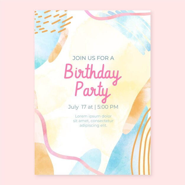 Plantilla de invitación de fiesta de cumpleaños dibujada a mano en acuarela