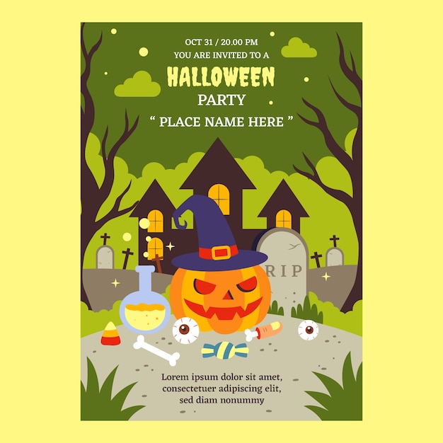 Vector gratuito plantilla de invitación de fiesta de cumpleaños de halloween plana