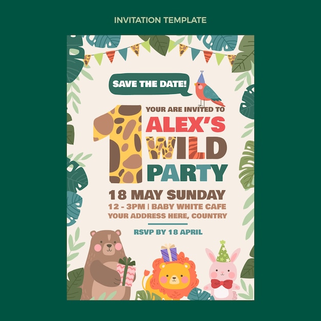 Vector gratuito plantilla de invitación de fiesta de cumpleaños de selva dibujada a mano