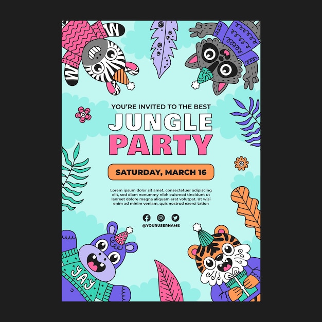 Vector gratuito plantilla de invitación de fiesta de cumpleaños de selva de dibujos animados dibujados a mano