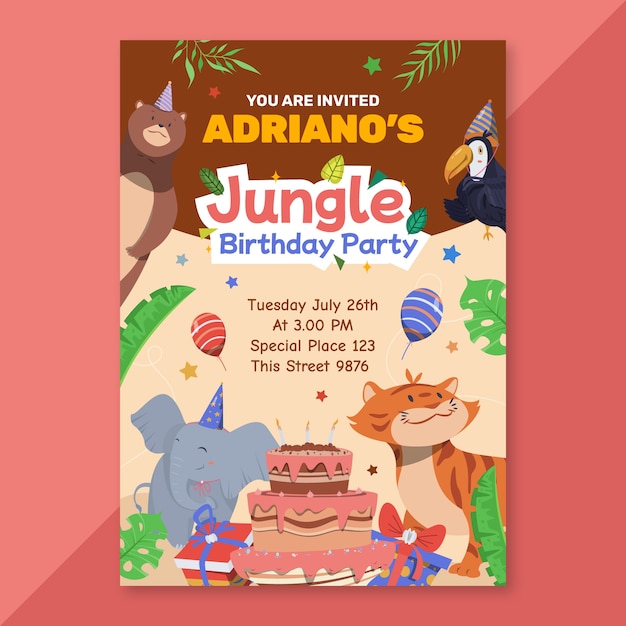 Plantilla de invitación de fiesta de cumpleaños de selva plana
