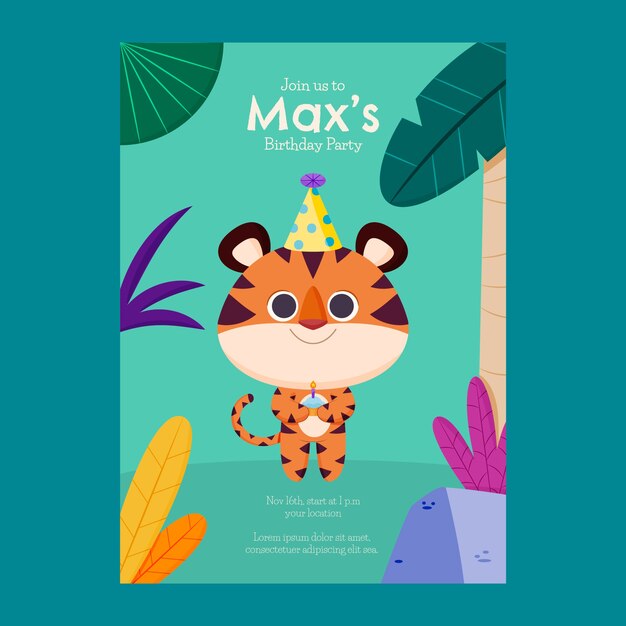 Plantilla de invitación de fiesta de cumpleaños de selva plana