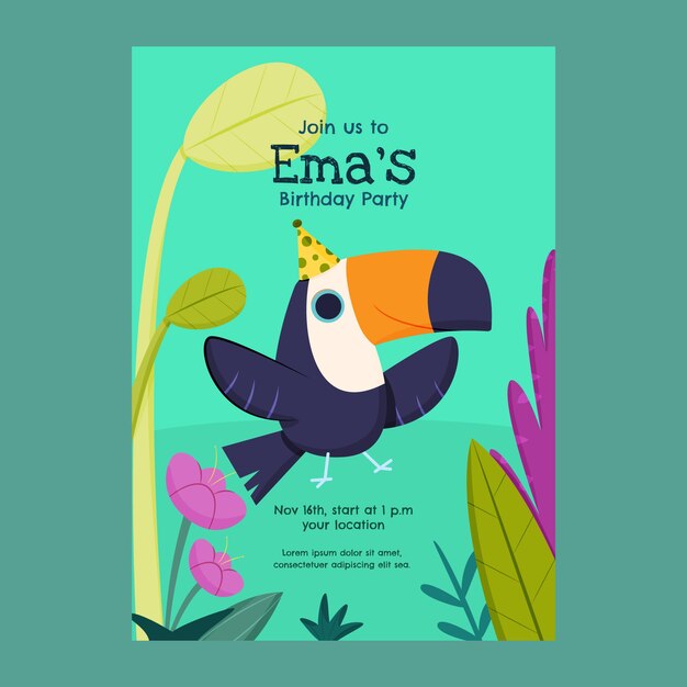 Plantilla de invitación de fiesta de cumpleaños de selva plana