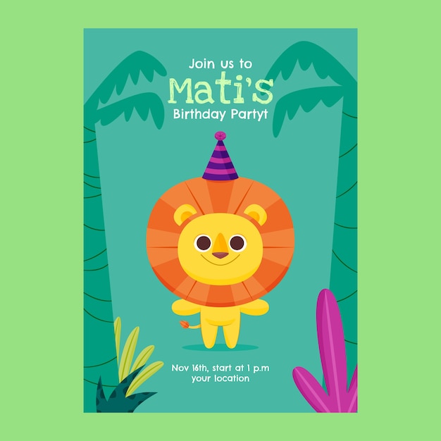 Plantilla de invitación de fiesta de cumpleaños de selva plana