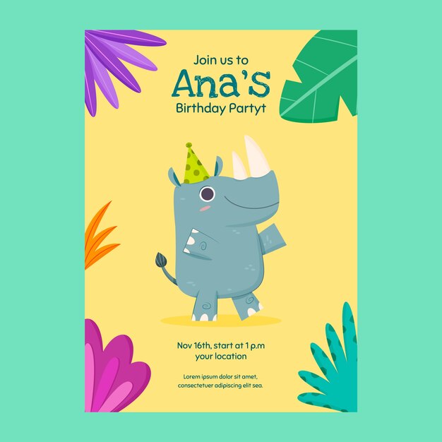 Plantilla de invitación de fiesta de cumpleaños de selva plana