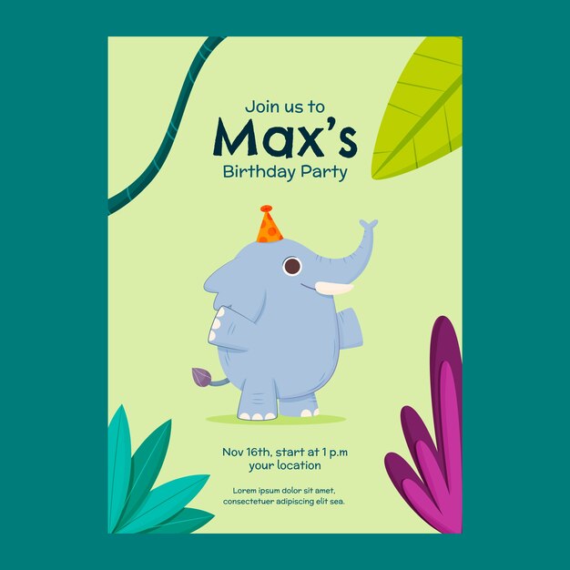 Plantilla de invitación de fiesta de cumpleaños de selva plana