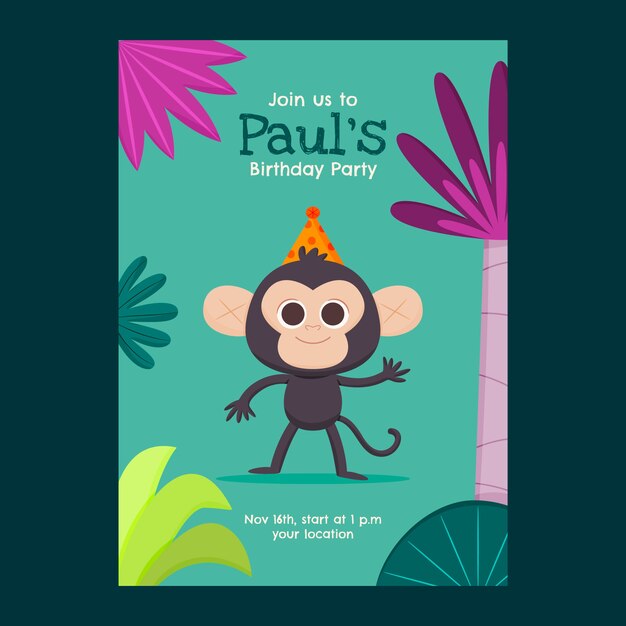 Plantilla de invitación de fiesta de cumpleaños de selva plana