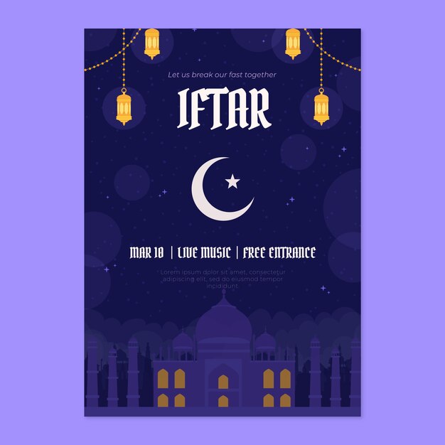 Plantilla de invitación de fiesta de iftar plana para la celebración islámica del Ramadán.