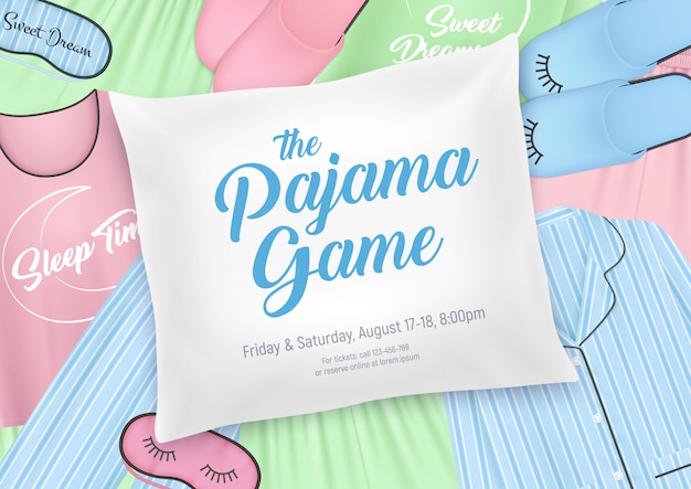 Vector gratuito plantilla de invitación de fiesta de pijama para niños con elementos de ropa de dormir y fecha de pijamada en la ilustración de fondo de almohada