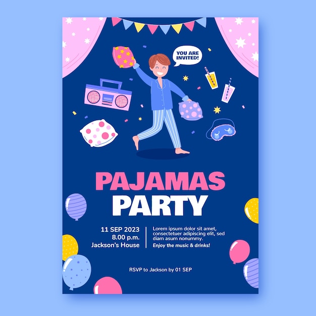 Vector gratuito plantilla de invitación de fiesta de pijamas dibujada a mano