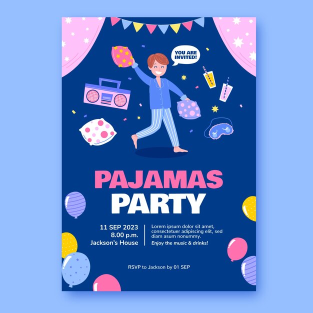 Plantilla de invitación de fiesta de pijamas dibujada a mano
