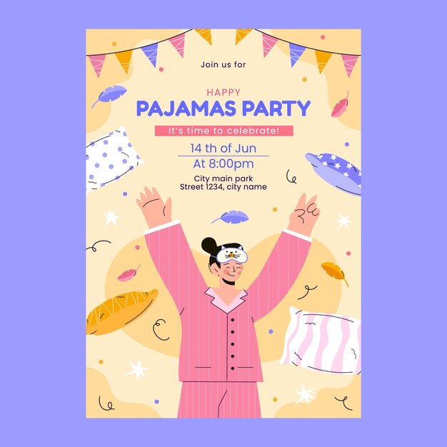 Plantilla de invitación de fiesta de pijamas de diseño plano