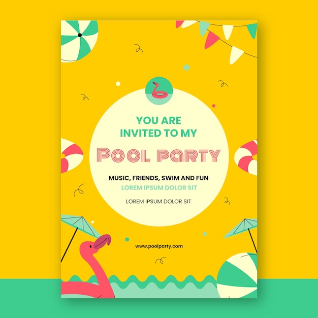 Plantilla de invitación de fiesta en la piscina de diseño plano