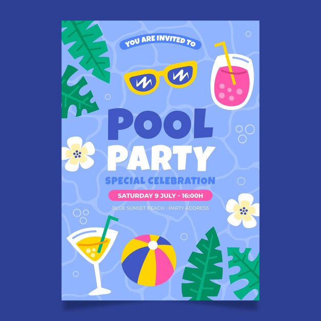 Plantilla de invitación de fiesta en la piscina plana
