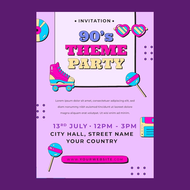 Vector gratuito plantilla de invitación de fiesta plana de los 90