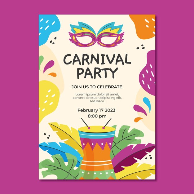 Plantilla de invitación de fiesta plana para celebración de carnaval