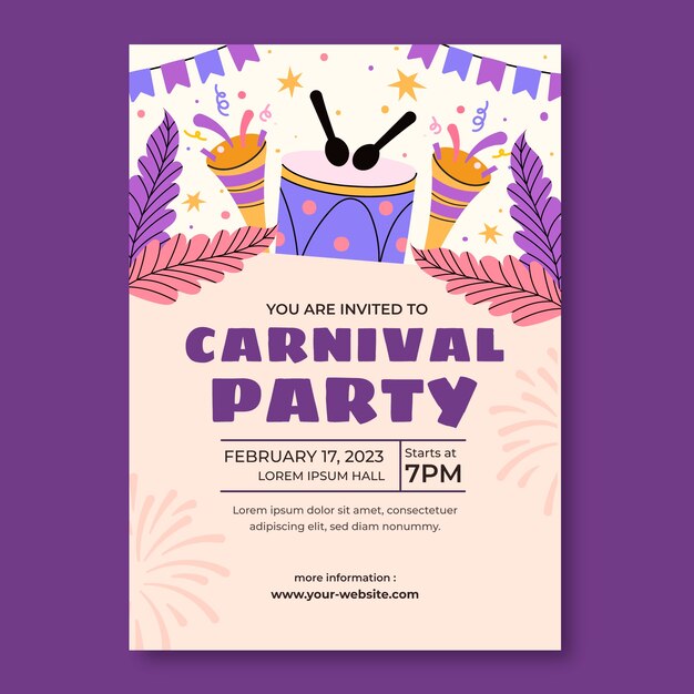 Plantilla de invitación de fiesta plana para celebración de carnaval