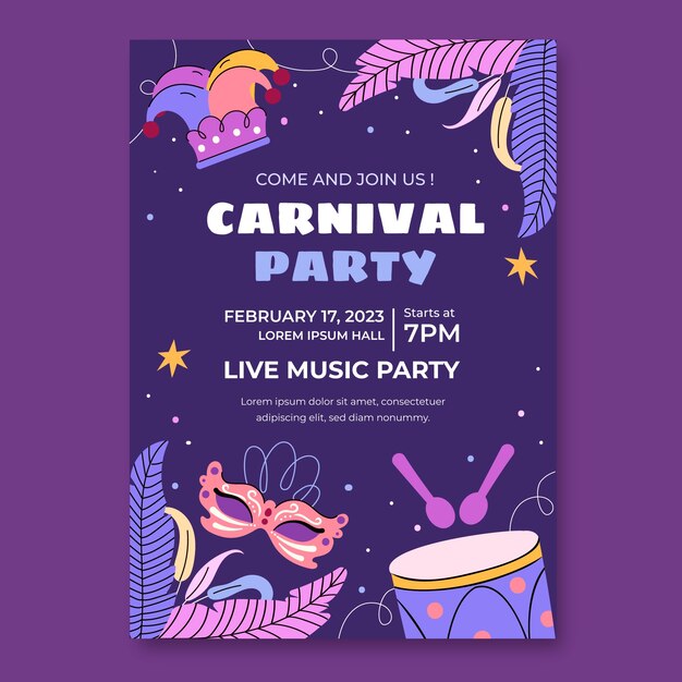 Plantilla de invitación de fiesta plana para celebración de carnaval