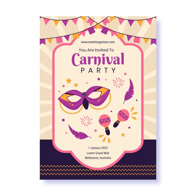 Plantilla de invitación de fiesta plana para celebración de carnaval