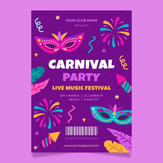 Plantilla de invitación de fiesta plana para celebración de carnaval