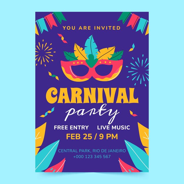 Plantilla de invitación de fiesta plana para celebración de carnaval