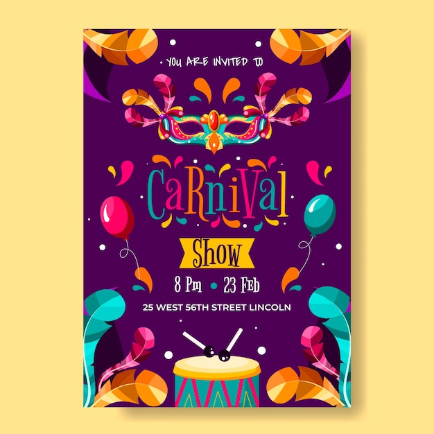 Plantilla de invitación de fiesta plana para celebración de carnaval